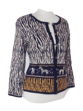 Ruby Cho Women's Small Embroidered Animal Cardigan Safari Print Wool Blend Knit